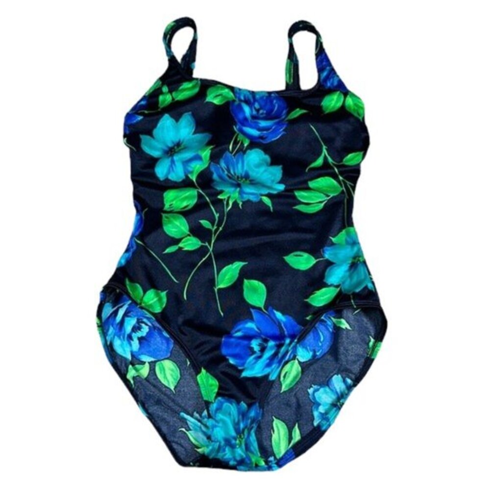 Women's Robby Len Navy Blue Roses Flowers Floral Swimsuit Size 12 EUC #1256
